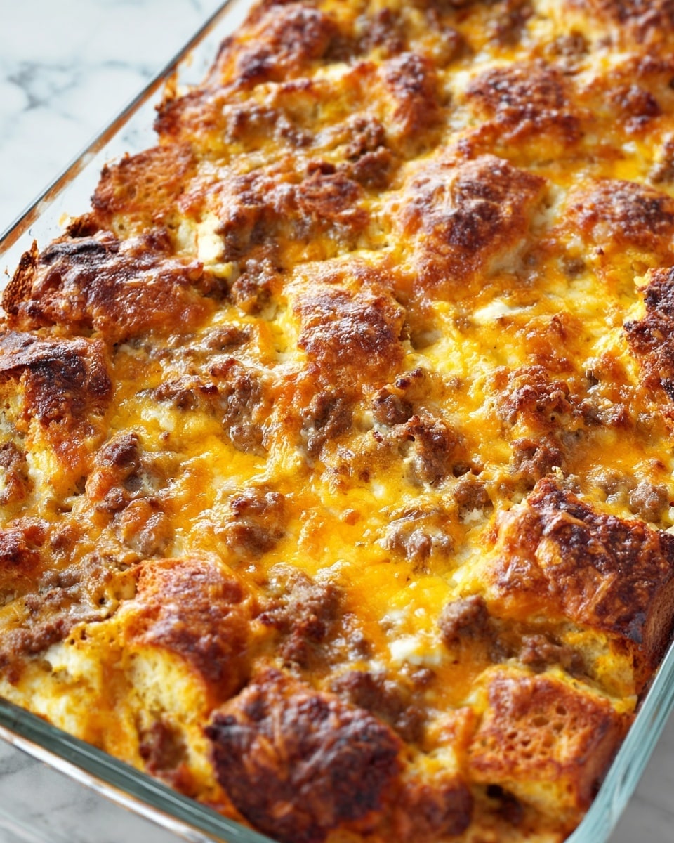 The dish is a baked casserole with a rough, uneven surface made of several layers. The top layer is golden brown with darker, crispy spots, showing melted cheese mixed with browned ground meat spread unevenly over the surface. Underneath, there are chunks of soft, slightly browned bread that seem soaked with the egg and cheese mixture, giving a textured, bubbly look. The colors range from light yellow to deep golden orange, with some darker brown burnt bits scattered on top. The casserole is inside a clear glass baking dish on a white marbled surface. photo taken with an iphone --ar 4:5 --v 7