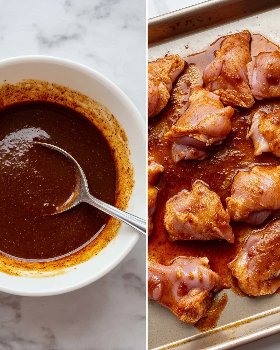 The image shows two side-by-side photos on a white marbled surface. On the left, there is a white bowl filled with a dark brown sauce that looks smooth and thick, with a spoon resting inside the bowl. The sides of the bowl have some sauce smeared around. On the right, several pieces of raw chicken are placed on a cooking tray, covered with the same dark reddish-brown sauce, giving them a shiny and moist look. The chicken pieces are scattered and appear to be marinated well. photo taken with an iphone --ar 4:5 --v 7