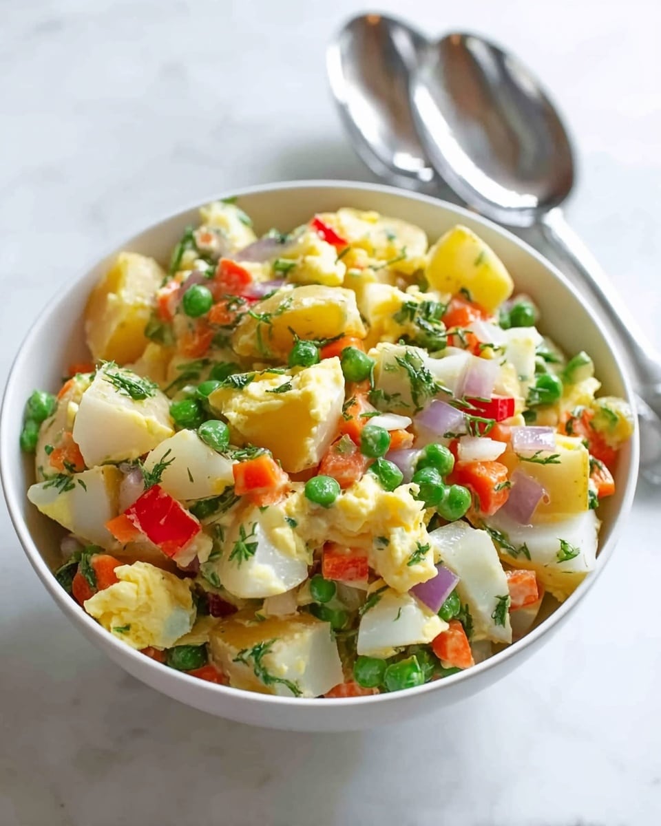 A white bowl filled with a colorful salad made of soft yellow egg pieces, white potato chunks, bright green peas, small red carrot cubes, and bits of white onion, all mixed with fresh green herbs scattered on top. The ingredients create a mix of creamy, smooth, and crunchy textures, and the bowl rests on a white marbled surface. Behind the bowl, there is a pair of silver serving spoons slightly blurred. Photo taken with an iphone --ar 4:5 --v 7
