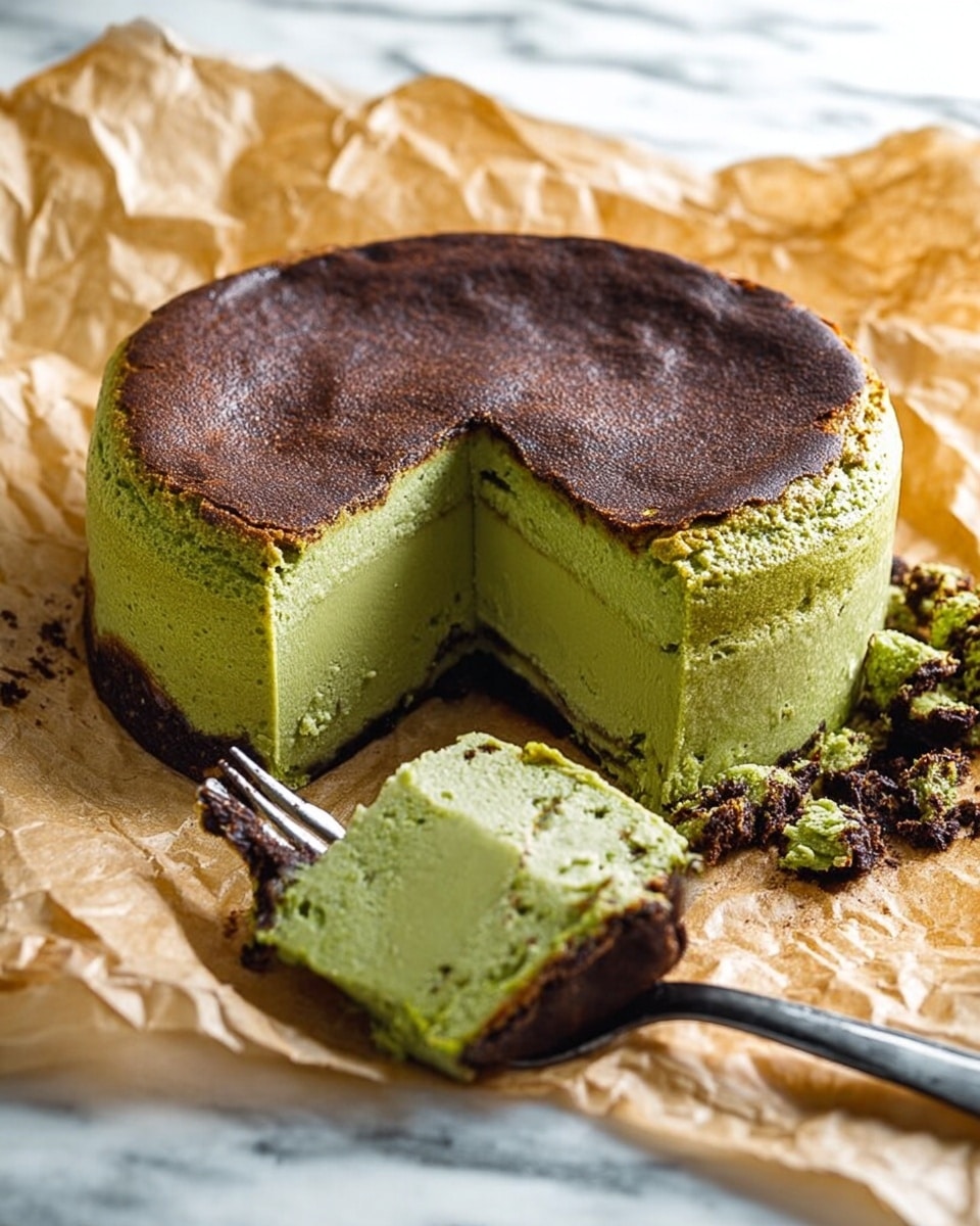 The image shows a round green cake with a dark brown, slightly burnt top layer. One slice has been taken out and is placed next to the cake, showing two thick layers: a smooth, pale green inside and a thin darker brown crust outside. The cake sits on crumpled brown parchment paper, with some dark crumbs scattered around. A silver fork with a black handle lies near the slice, on a white marbled surface. Photo taken with an iphone --ar 4:5 --v 7