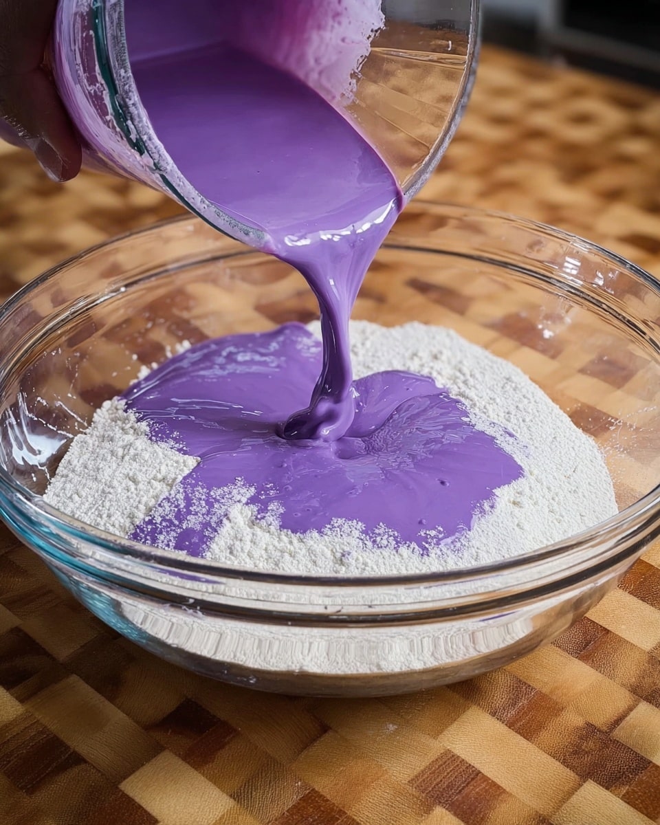 In a large clear glass bowl, a thick purple liquid is being poured over a bed of fine white powder, creating a clear contrast between the two layers. The powder layer is dry and evenly spread at the bottom of the bowl, while the purple liquid with a smooth, slightly shiny texture flows gently on top, starting to mix with the powder at the edges. The bowl sits on a wooden checkered surface, and a woman's hand is visible in the corner, holding the container that is pouring the purple liquid. Photo taken with an iphone --ar 4:5 --v 7