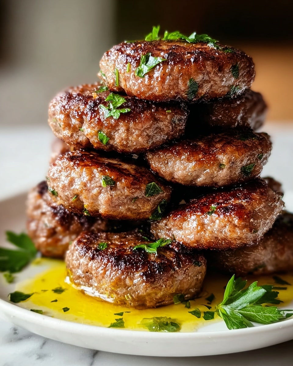 A stack of six browned meat patties with a slightly crispy texture on the outside and some green herb pieces sprinkled on and around them, resting on a white plate with a small pool of golden oil surrounding the base of the patties, all placed on a white marbled surface with a soft focus background, photo taken with an iphone --ar 4:5 --v 7