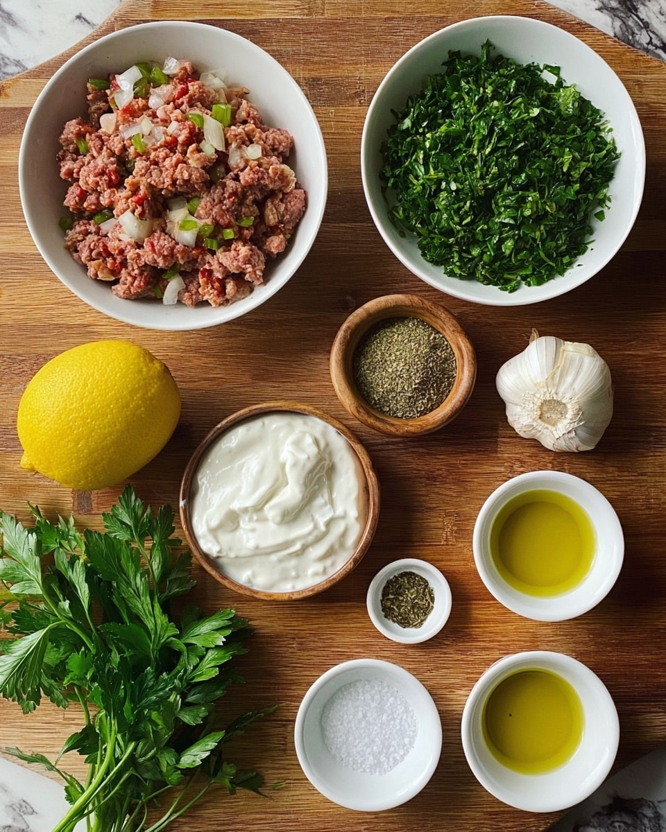 The image shows an overhead view of various fresh ingredients laid out on a wooden surface with a white marbled texture background. There are two white bowls, one filled with cooked ground meat mixed with diced green parts and red seasoning pieces, and another filled with chopped fresh green herbs. Nearby, a whole bright yellow lemon, a garlic bulb with two individual cloves, and a small onion with its skin are placed. Below are a small white bowl of white creamy yogurt, a bunch of fresh parsley with deep green leaves, and a small wooden bowl full of a greenish spice blend. On the lower row, three small white bowls hold olive oil with herbs, clear golden liquid, and coarse white salt. An additional small onion is placed near the bowls, all neatly arranged. photo taken with an iphone --ar 4:5 --v 7