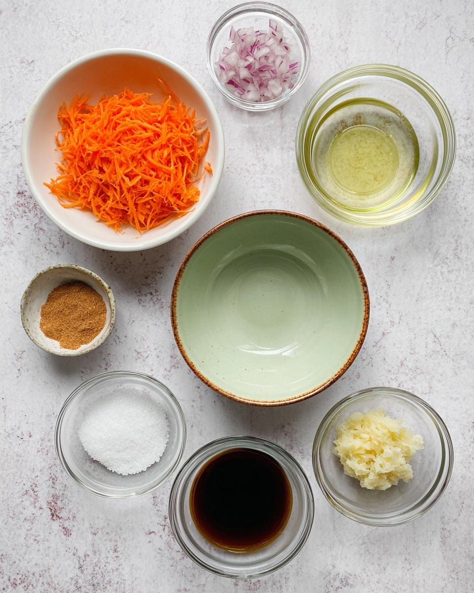 A top-down view shows seven small bowls with different ingredients arranged on a white marbled surface. In the center is an empty bowl with a pale green inside and a light brown rim. To the left, a white bowl is filled with bright orange shredded carrots. Above that, a smaller white bowl holds finely chopped shallots with a pinkish-purple color. On the top right, a clear glass bowl contains a clear, light yellow liquid. Below it, a white bowl has some white coarse salt. On the bottom right, a clear bowl has a pale, mashed or pureed yellow item. At the bottom center, another clear bowl shows a dark brown liquid, possibly soy sauce. To the upper left of the green bowl, a small clear bowl holds a light brown powder or spice. photo taken with an iphone --ar 4:5 --v 7