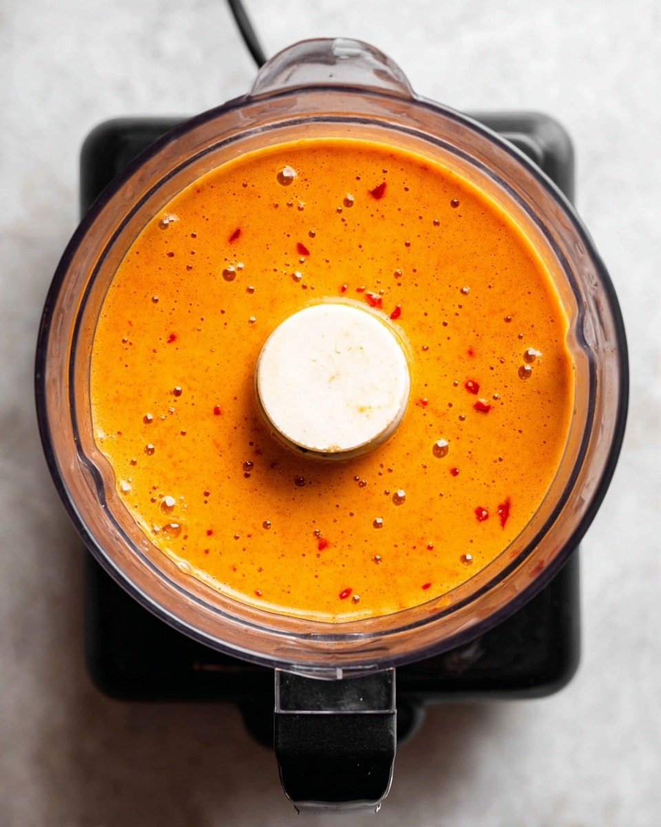 A close-up top view of a blender container filled with a smooth, bright orange sauce that has small red flecks scattered throughout. The sauce has tiny bubbles on the surface and a slightly thick texture. The blender container is clear with a white central blade piece visible in the middle. The blender base is black, and the whole setup sits on a white marbled textured surface. photo taken with an iphone --ar 4:5 --v 7