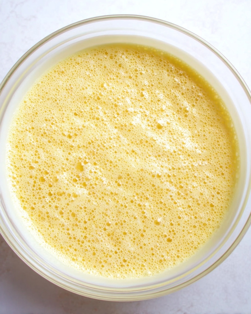 The image shows a clear white bowl filled with a light yellow liquid that is very frothy and bubbly on the surface. The bubbles are small and cover the whole top area evenly. The texture looks smooth and airy with a slightly glossy shine around the edge where the liquid meets the bowl. The bowl is set against a white marbled surface, giving a clean and bright background. photo taken with an iphone --ar 4:5 --v 7