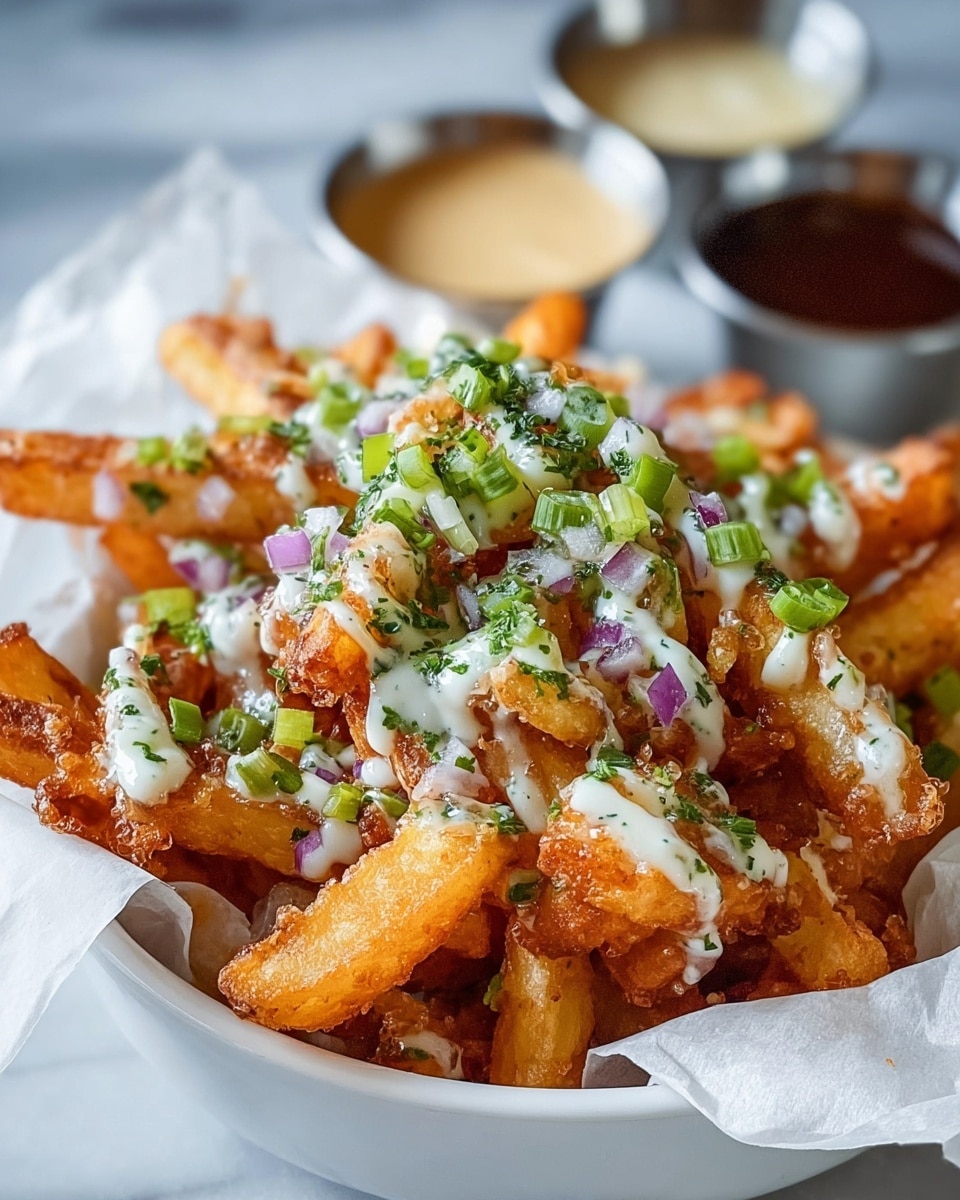 A white bowl lined with white parchment paper holds a pile of golden-brown crispy fries with a crunchy texture. They are topped with a drizzle of creamy white sauce, finely chopped purple onions, fresh green sliced scallions, and small flecks of green herbs scattered on top and around the fries. In the blurred background, two small silver sauce containers hold a pale creamy sauce and a dark brown sauce. The bowl rests on a soft white marbled surface. Photo taken with an iphone --ar 4:5 --v 7