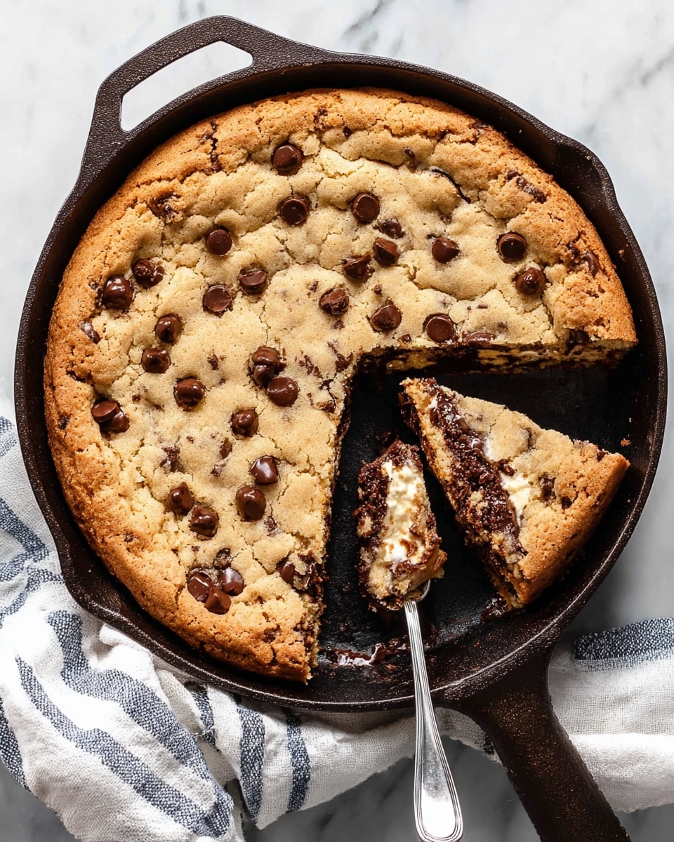 A large round two-layer dessert sits inside a black cast iron pan on a white marbled surface; the top layer is a light golden brown cookie with scattered dark chocolate chips, showing a soft and slightly crumbly texture with some cracks, while the bottom layer is darker with a gooey chocolate and cream filling visible where two slices were removed, one piece held by a fork and the other resting beside it. The pan’s handle has a striped white and gray cloth draped over it, and the scene is bright and clear. photo taken with an iphone --ar 4:5 --v 7