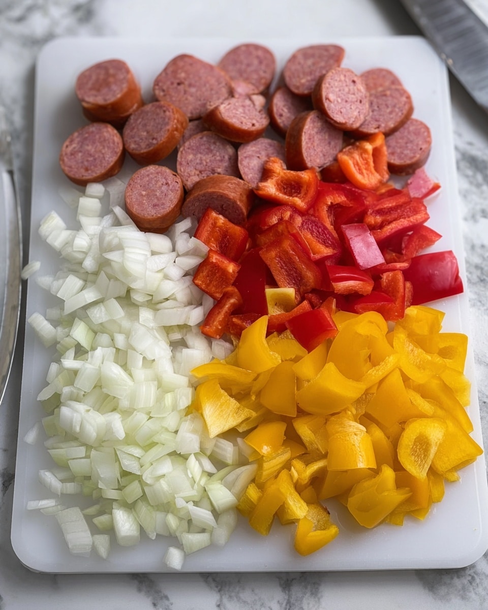 The image shows a white cutting board on a white marbled surface with four groups of chopped ingredients arranged neatly. At the bottom left corner, there are white onion pieces cut into small chunks. In the middle, there are red bell pepper squares, and next to them on the top right, there are bright yellow bell pepper chunks. At the top of the board, there are rounds of sliced sausage with a smooth texture and reddish-brown color. Photo taken with an iphone --ar 4:5 --v 7