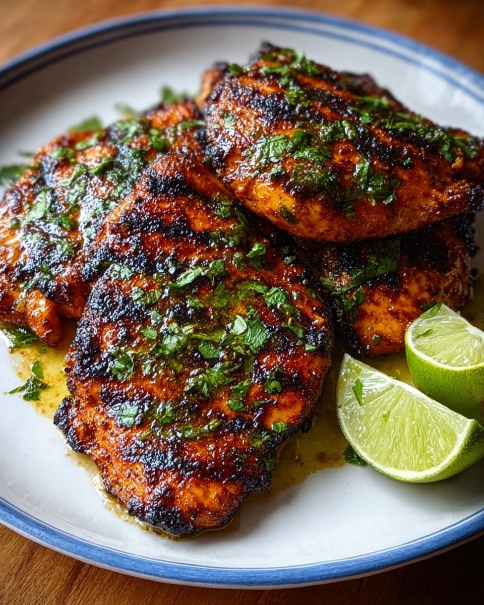 The image shows three grilled chicken pieces with a dark, crispy char on the surface, sprinkled with bright green chopped herbs. The chicken is placed on a white plate with a blue rim, and two lime wedges with a shiny, juicy green look sit on the right side of the plate. The chicken pieces have a rich orange-brown color with a slightly oily texture, laying close together on the plate. The background is a wooden surface, but it should be imagined as white marbled texture. Photo taken with an iphone --ar 4:5 --v 7