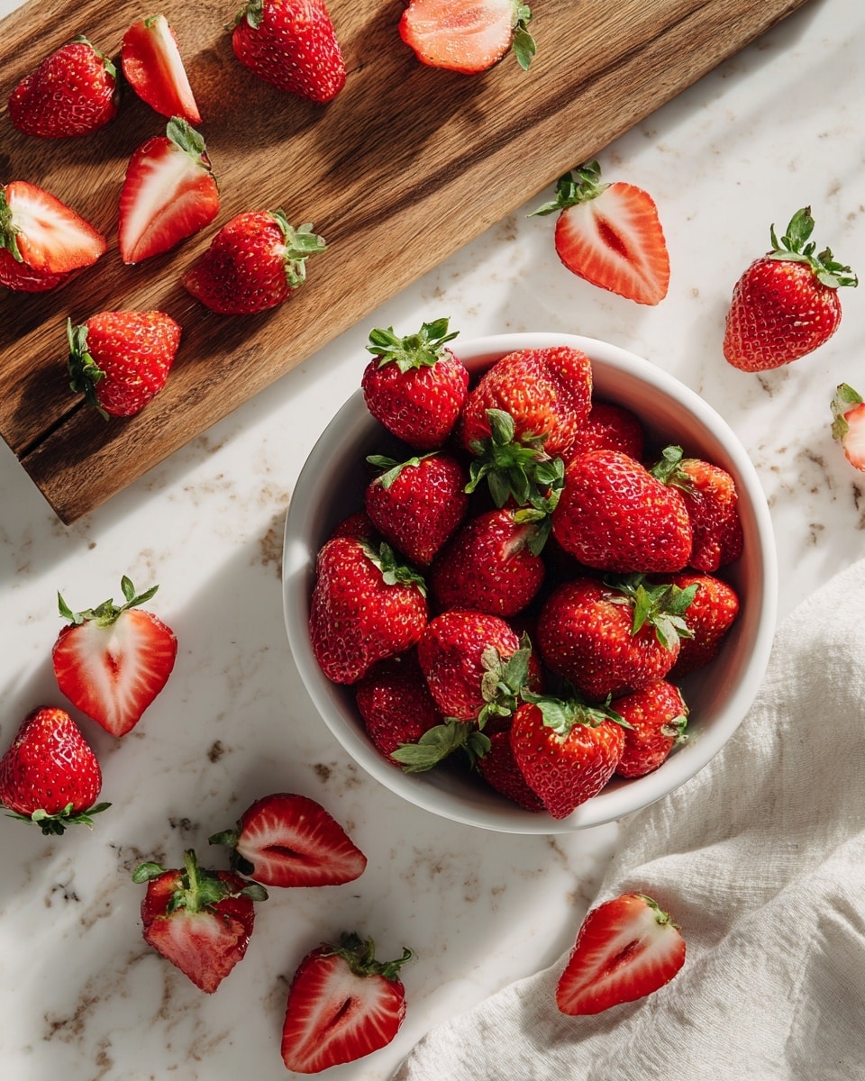 A white bowl filled with many bright red strawberries with green leaves on top, placed on a white marbled surface. To the left of the bowl, there is a wooden board with several halved strawberries showing their red inside and white core, scattered on the board and marbled surface around it. The scene is bright and fresh, with the red berries contrasting against the white bowl and surface photo taken with an iphone --ar 4:5 --v 7