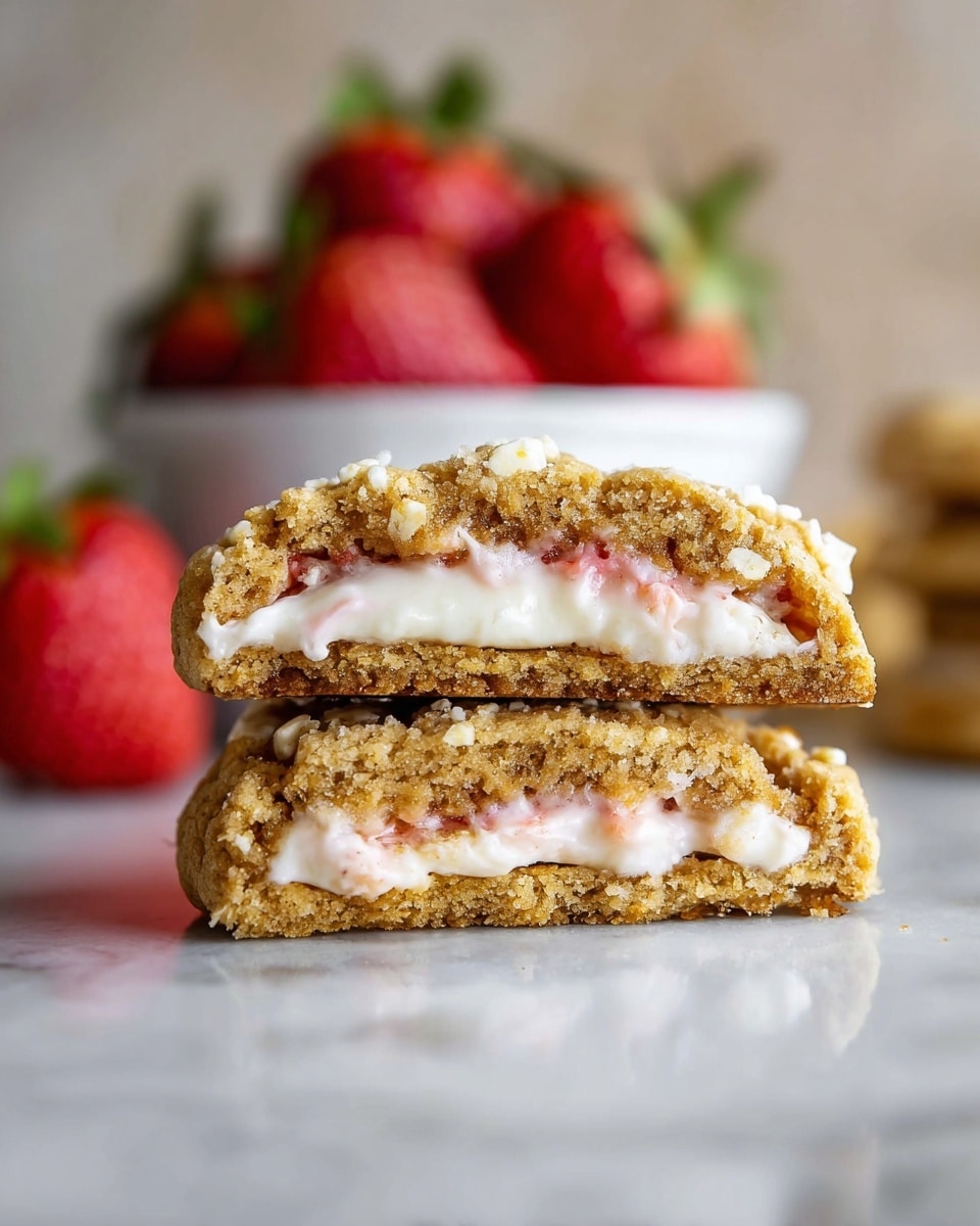 The image shows a close-up of two stacked cookie halves with a creamy white and light pink filling inside. The cookie layers are golden brown with a rough, crumbly texture, and the cream filling in the middle is smooth and thick with a slight shine. There are small white bits on top of the cookie’s surface, adding texture. In the background, there is a blurred white bowl filled with bright red strawberries with green leaves, placed on a white marbled surface. The lighting is soft and natural, highlighting the cookie and filling. Photo taken with an iphone --ar 4:5 --v 7