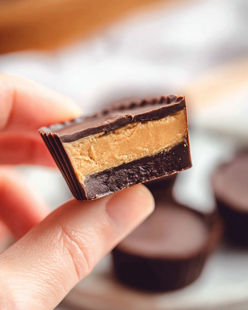 A close-up of a small square chocolate piece held between a woman's hand thumb and forefinger, showing three layers: a smooth dark chocolate top layer with a slight shine, a thick middle layer of light brown peanut butter with a creamy texture, and a bottom layer of solid dark chocolate. The background is softly blurred with other similar chocolates visible on a white marbled surface. photo taken with an iphone --ar 4:5 --v 7