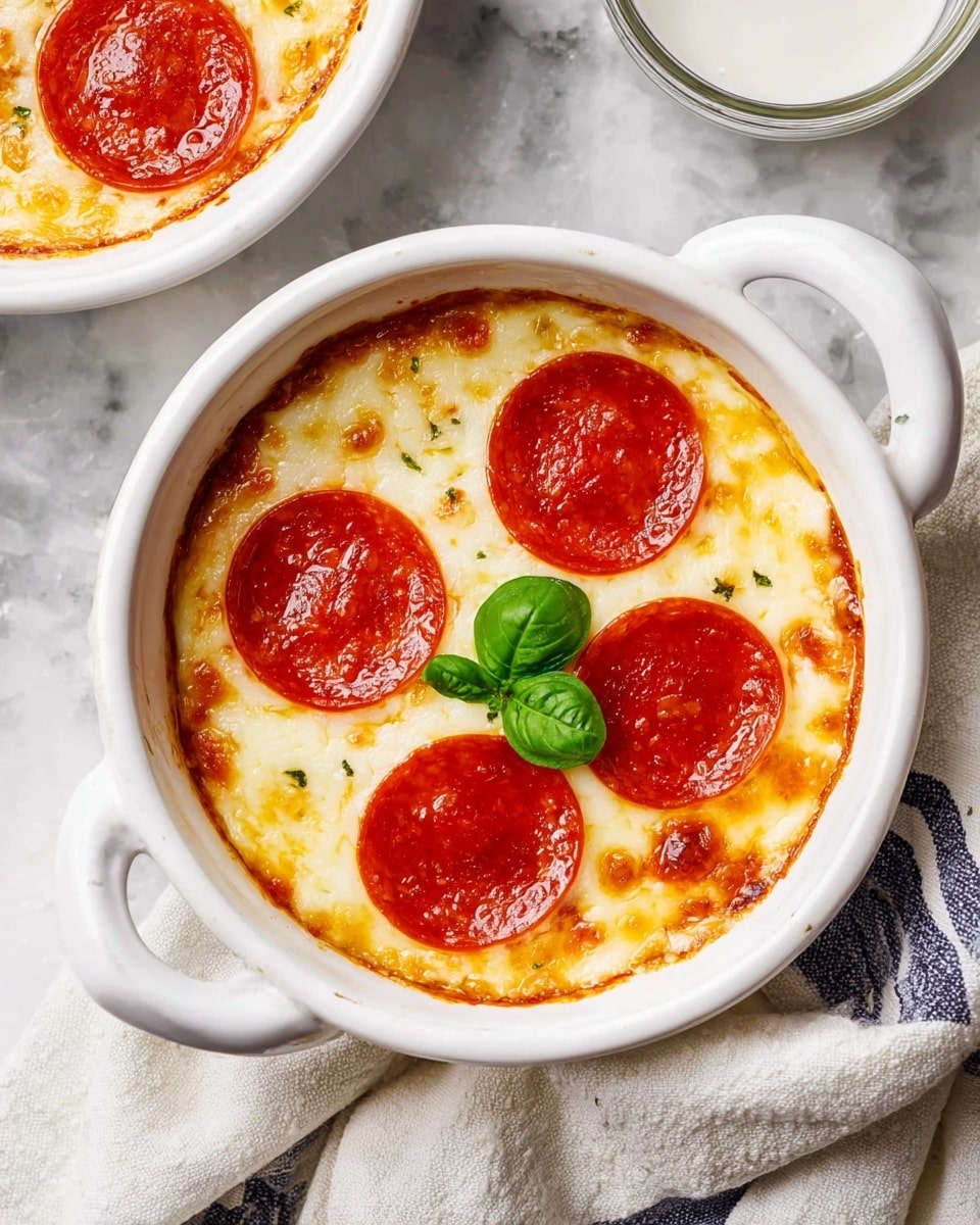 The image shows a white round dish with handles, filled with melted light yellow cheese topped with five shiny, round red pepperoni slices arranged evenly across the surface. A small green basil leaf decorates the center. The dish sits on a white marbled surface with a striped cloth nearby and a small glass cup of white sauce beside it. The top edge of another similar dish is partly visible above. photo taken with an iphone --ar 4:5 --v 7