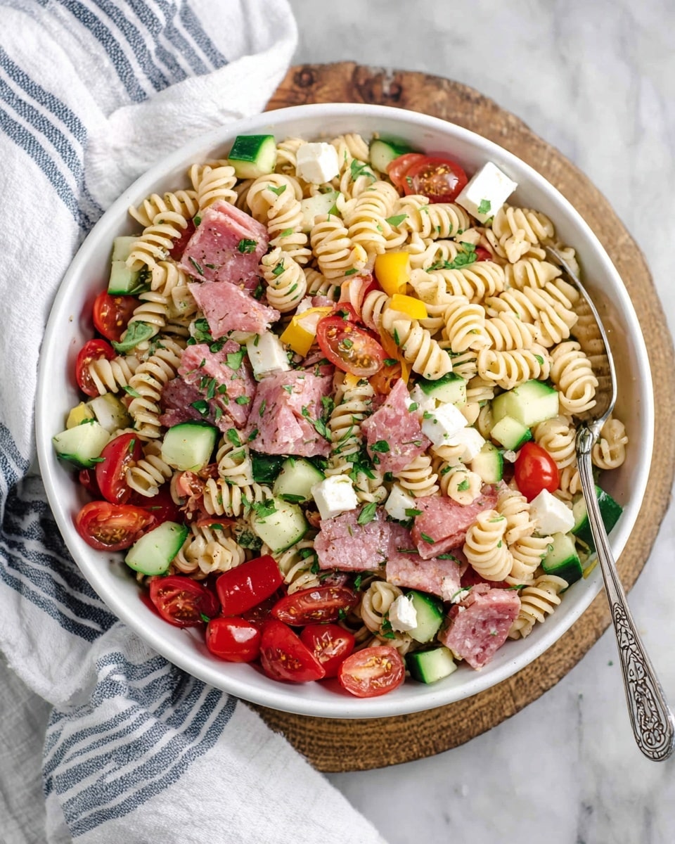 A white bowl filled with a colorful pasta salad sits on a round wooden board over a white marbled surface. The salad has three main layers: the base layer is light brown spiral pasta, mixed with bright red cherry tomato halves and green cucumber slices scattered evenly. The middle layer has pieces of thin pink salami, chunks of white cheese, and small bits of yellow bell pepper. The top layer is sprinkled with finely chopped fresh green herbs, adding a fresh touch. A silver spoon with engraved designs rests inside the bowl, and a white cloth with blue stripes is folded in the background on the white marbled surface. Photo taken with an iphone --ar 4:5 --v 7