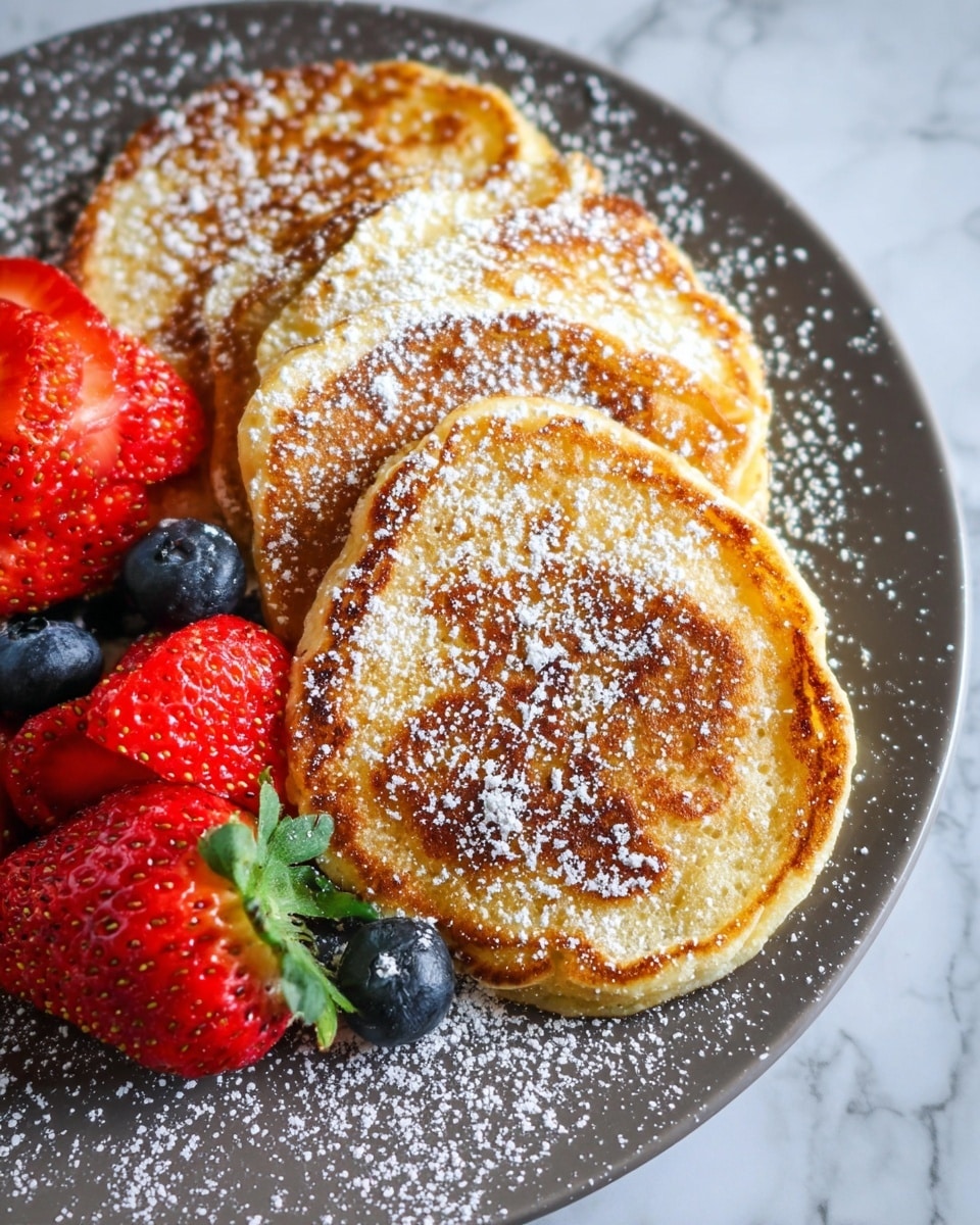 The image shows a close-up of three round, golden-brown pancakes stacked slightly overlapping on a white plate. The pancakes have a crispy texture around the edges and are sprinkled with powdered sugar on top. Beside the pancakes, there are fresh fruit slices including halved bright red strawberries with green leaves still attached and a couple of blueberries. The plate rests on a white marbled surface, creating a clean, bright background. Photo taken with an iphone --ar 4:5 --v 7