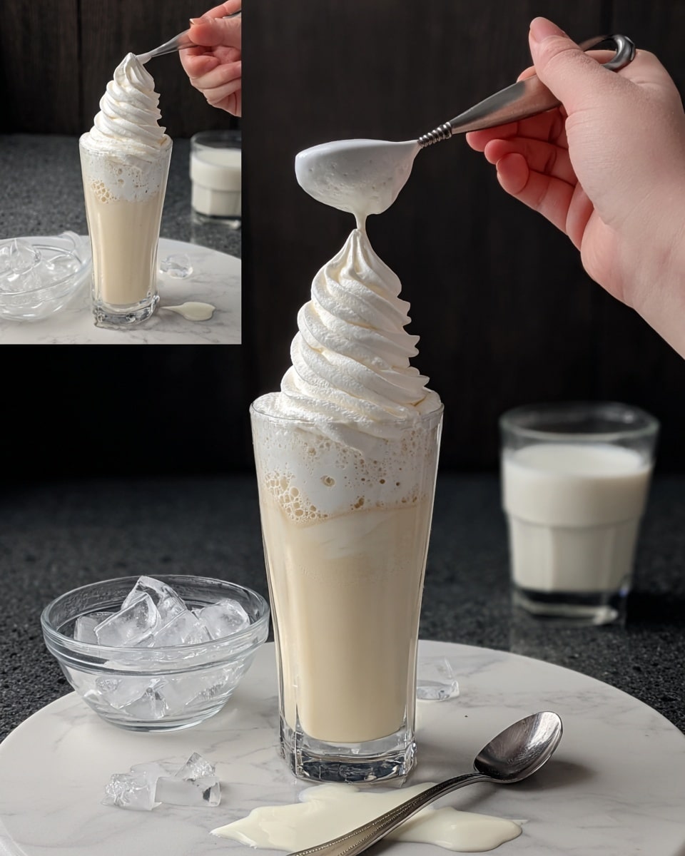 The image shows a tall clear glass with four layers: at the bottom is a light beige liquid, above it there is white creamy foam filling most of the glass, followed by thick white whipped cream being sprayed on top in a tall spiraled shape. The glass is held by a woman's hand in the last layer. Nearby, there is a silver spoon on a white marbled surface. A small clear bowl with ice cubes sits in the background. The scene is set on a dark countertop with some milk spills visible around. Photo taken with an iphone --ar 4:5 --v 7