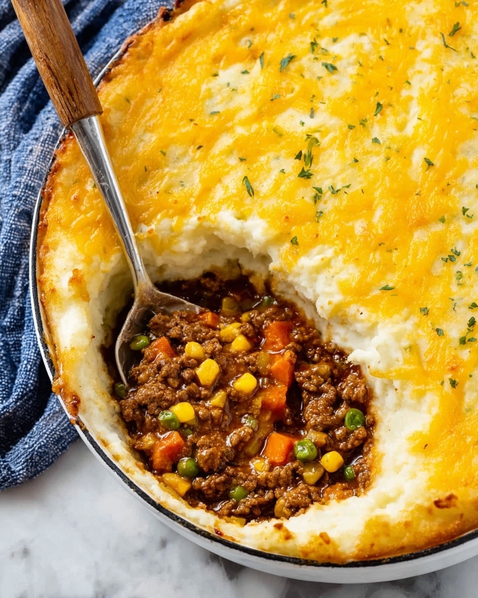 The image shows a close-up view of a layered shepherd's pie in a round white dish. The top layer is golden yellow melted cheese with a slightly bubbly texture, sprinkled with small green herb pieces. Just below the cheese, there is a thick layer of creamy white mashed potatoes. The bottom layer, revealed by a scoop, is a rich brown ground meat mixture with visible small green peas, orange carrot cubes, and bright yellow corn, all coated in a glossy brown sauce. A silver spoon with a wooden handle is scooping a section out, resting inside the dish on the left side of the opening, with the dish placed on a white marbled surface with a blue and white cloth nearby. Photo taken with an iphone --ar 4:5 --v 7