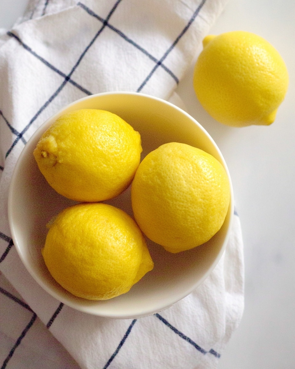 A white bowl holds three bright yellow lemons with a slightly bumpy texture, arranged close together inside it. To the right of the bowl, one more lemon sits on a white cloth with dark blue grid lines, all placed on a white marbled surface. The scene is brightly lit, showing the fresh and smooth skin of the lemons. photo taken with an iphone --ar 4:5 --v 7
