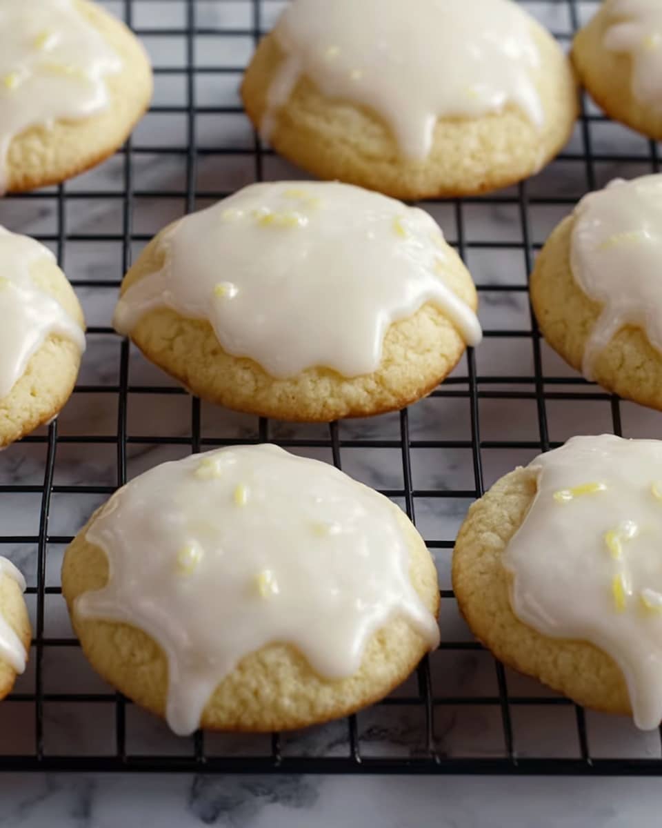 The image shows round cookies on a cooling rack, each cookie covered with a smooth, shiny white icing that drips slightly on the edges, creating small droplets. The cookies are pale golden with a soft texture, and the icing adds a creamy, thick top layer. The cooling rack is black and placed over a white marbled surface. Photo taken with an iphone --ar 4:5 --v 7