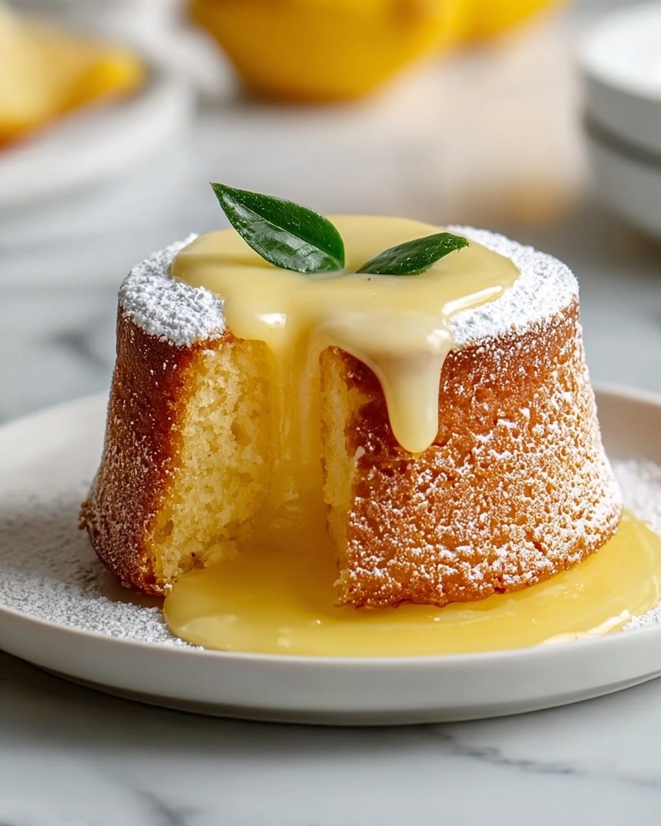 A small round cake with a golden brown outer layer and a soft, light yellow inside sits on a white plate on a white marbled surface. The cake is topped with a smooth, glossy yellow glaze that is dripping down the sides and pooling onto the plate. A single green leaf sits on top of the glaze. The cake is lightly dusted with white powdered sugar, which contrasts with the darker outer edge of the cake. Photo taken with an iphone --ar 4:5 --v 7