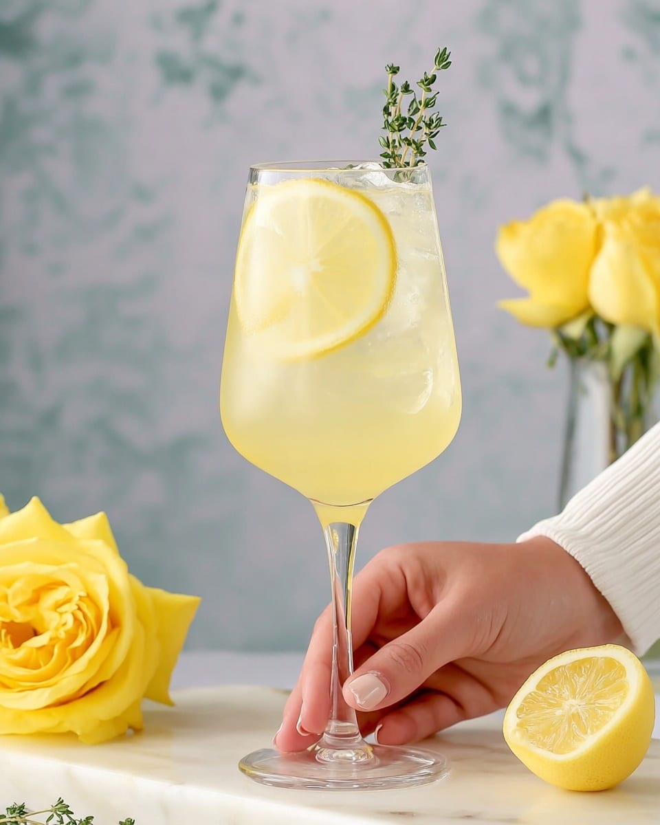 A tall clear glass with a long stem holds a pale yellow drink filled with ice cubes, with a single thin lemon slice pressed against the inside of the glass near the top. A small sprig of fresh green thyme stands upright in the drink. A woman's hand in a white ribbed shirt gently holds the glass around the bowl. The glass sits on a smooth white marbled surface with a bright yellow rose lying flat to the left and a halved lemon with visible juicy texture to the right. Another tall yellow rose is in the background, slightly blurred. photo taken with an iphone --ar 4:5 --v 7