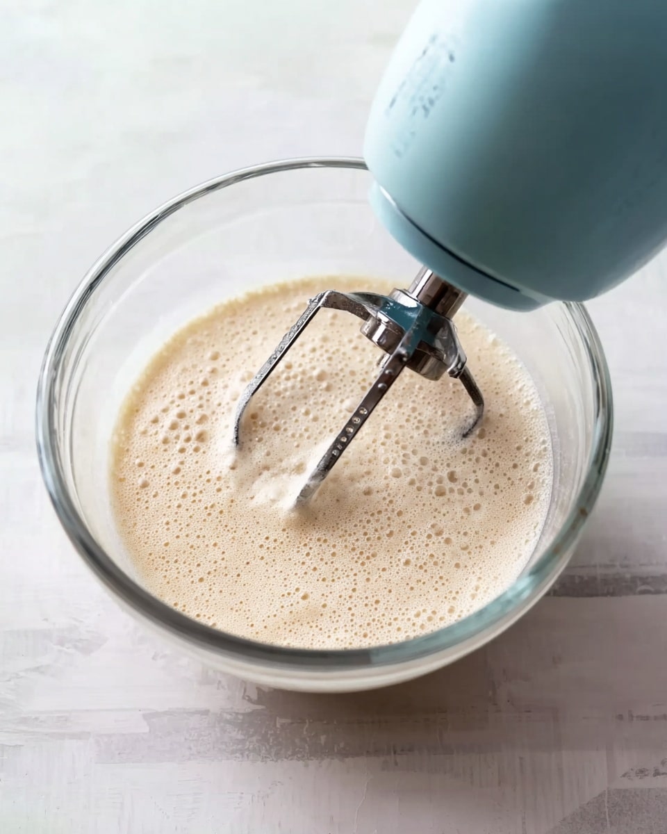 The image shows a clear glass bowl placed on a white marbled surface. Inside the bowl is a bubbly, light beige frothy mixture, covering the bottom fully with small bubbles and a slightly uneven texture. A light blue hand mixer with a dark metal whisk attachment is positioned above the bowl, blending the frothy mixture. The scene is softly lit, focusing on the texture of the mixture and the clear glass bowl photo taken with an iphone --ar 4:5 --v 7