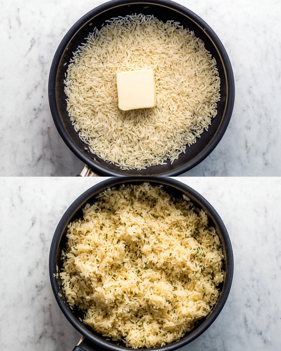 The image shows two black pans on a white marbled surface. In the first pan, there is one layer of uncooked pale yellow rice with a small square piece of cream-colored butter placed in the middle. The rice grains are spread evenly in a thin layer around the butter. In the second pan, the rice has been cooked and mixed, forming one thick layer with a light golden color and a soft, slightly sticky texture. Small green herb bits are scattered throughout the rice, giving it a speckled look. Photo taken with an iphone --ar 4:5 --v 7
