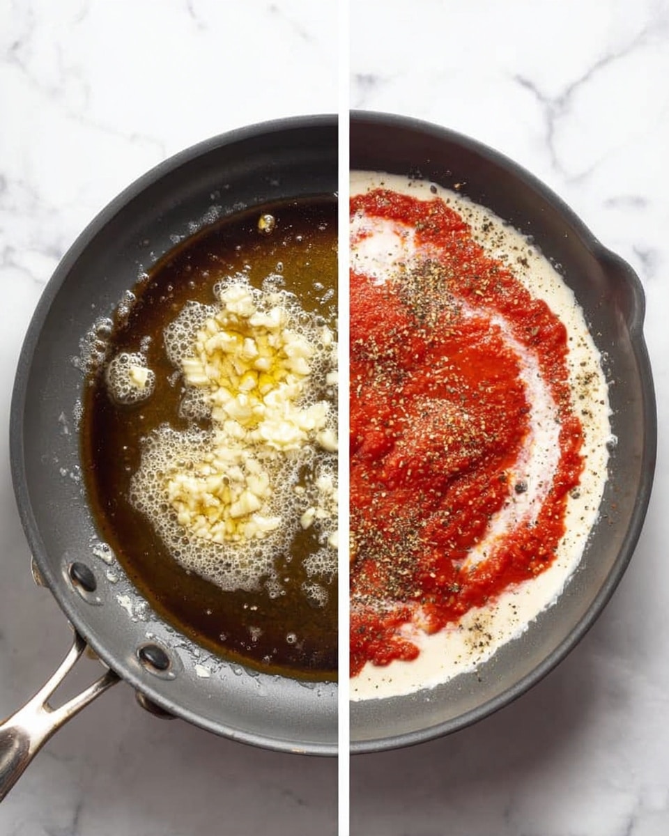 The image shows two views of a gray pan on a white marbled surface. On the left, there is melted butter with small pieces of minced garlic bubbling in the pan, which has a smooth dark interior and a metal handle. On the right, the pan contains a mix of creamy white sauce and bright red tomato sauce layered on top of the garlic butter base, with visible seasoning like black pepper and some dried herbs sprinkled on the sauces. The sauces spread evenly inside the pan, creating a colorful contrast on the dark surface. Photo taken with an iphone --ar 4:5 --v 7