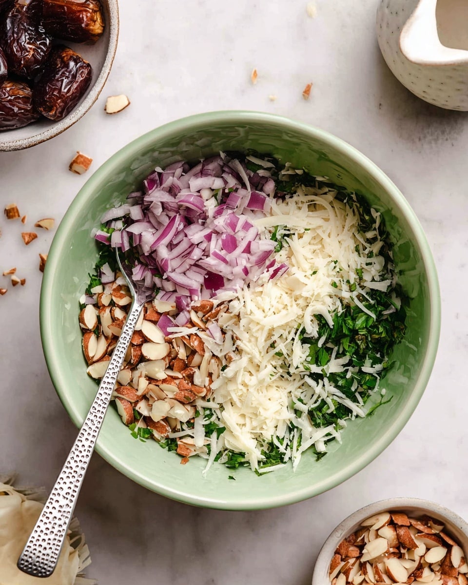 A light green bowl filled with chopped red onions at the bottom layer, topped on one side with chopped almonds that have a rough texture and brown color, and on the other side with a layer of shredded white cheese. Some green herbs are seen stuck to the sides inside the bowl. A silver spoon with a dotted pattern handle is placed inside the bowl. The bowl is resting on a white marbled surface with a few dried date fruits and a white ceramic container nearby, as well as a small white bowl of chopped almonds off to the right side. photo taken with an iphone --ar 4:5 --v 7