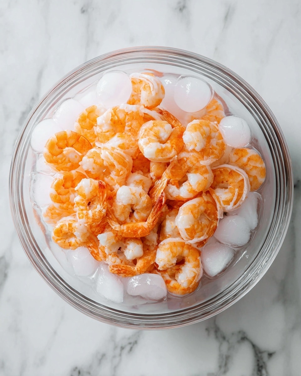 A clear glass bowl with one layer of bright orange cooked shrimp inside, surrounded by a layer of white ice cubes floating in cold water. The bowl rests on a white marbled surface, showing the contrast of the shrimp color against the cool ice. The shrimp have a firm texture and are curled, with their white and orange coloring clear against the transparent water in the bowl. Photo taken with an iphone --ar 4:5 --v 7