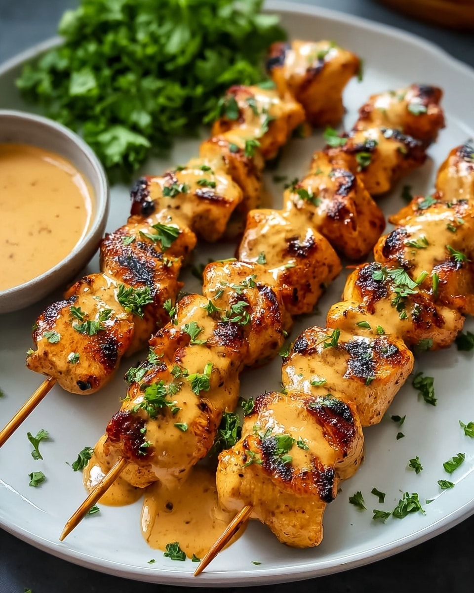 Three wooden skewers lie side by side on a white plate, each holding evenly spaced, golden-brown grilled chicken pieces with slight char marks. The skewers are covered with a creamy orange sauce that has small dark spices and is garnished with finely chopped green herbs sprinkled over the sauce and plate edges. In the background, bright green leafy herbs add a fresh touch, while the plate rests on a white marbled surface. Photo taken with an iphone --ar 4:5 --v 7