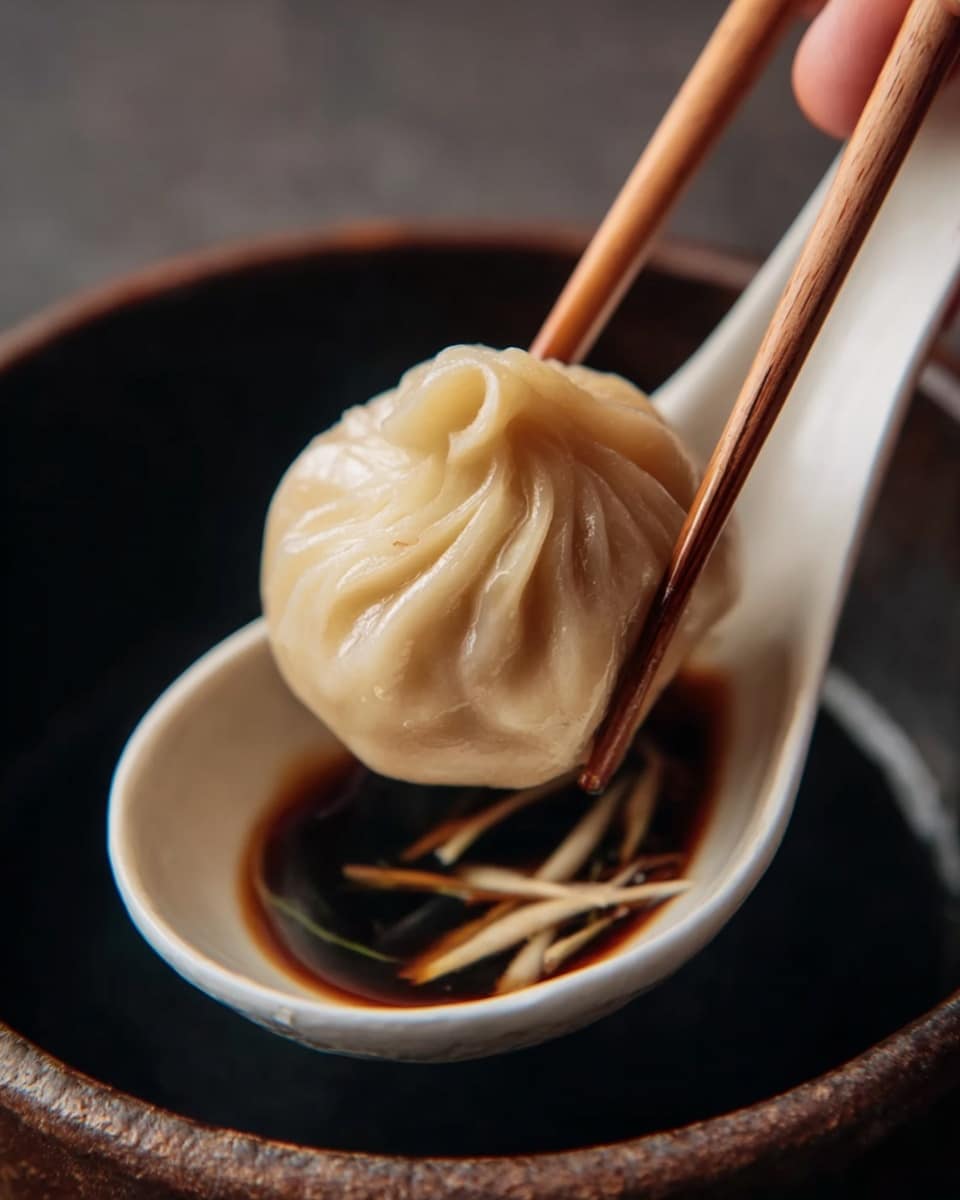 A light beige dumpling with smooth, slightly shiny skin and delicate folds is held by wooden chopsticks above a white ceramic spoon. The spoon cradles the dumpling and shows a small amount of dark soy sauce with thin strips of pale ginger or similar garnish underneath. A woman's hand holds the spoon from behind, with a dark, blurred background that contrasts with the focus on the dumpling. The whole scene is close-up and detailed, emphasizing texture and depth. photo taken with an iphone --ar 4:5 --v 7