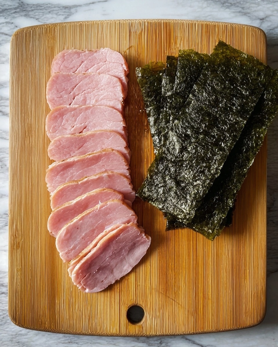 The image shows a wooden cutting board on a white marbled surface. On the left side of the board, there are six thin slices of pinkish meat, arranged in a neat overlapping row. On the right side, three dark green seaweed sheets are stacked on top of each other, showing their rough and shiny texture. The cutting board has a small round hole near the seaweed stack. photo taken with an iphone --ar 4:5 --v 7