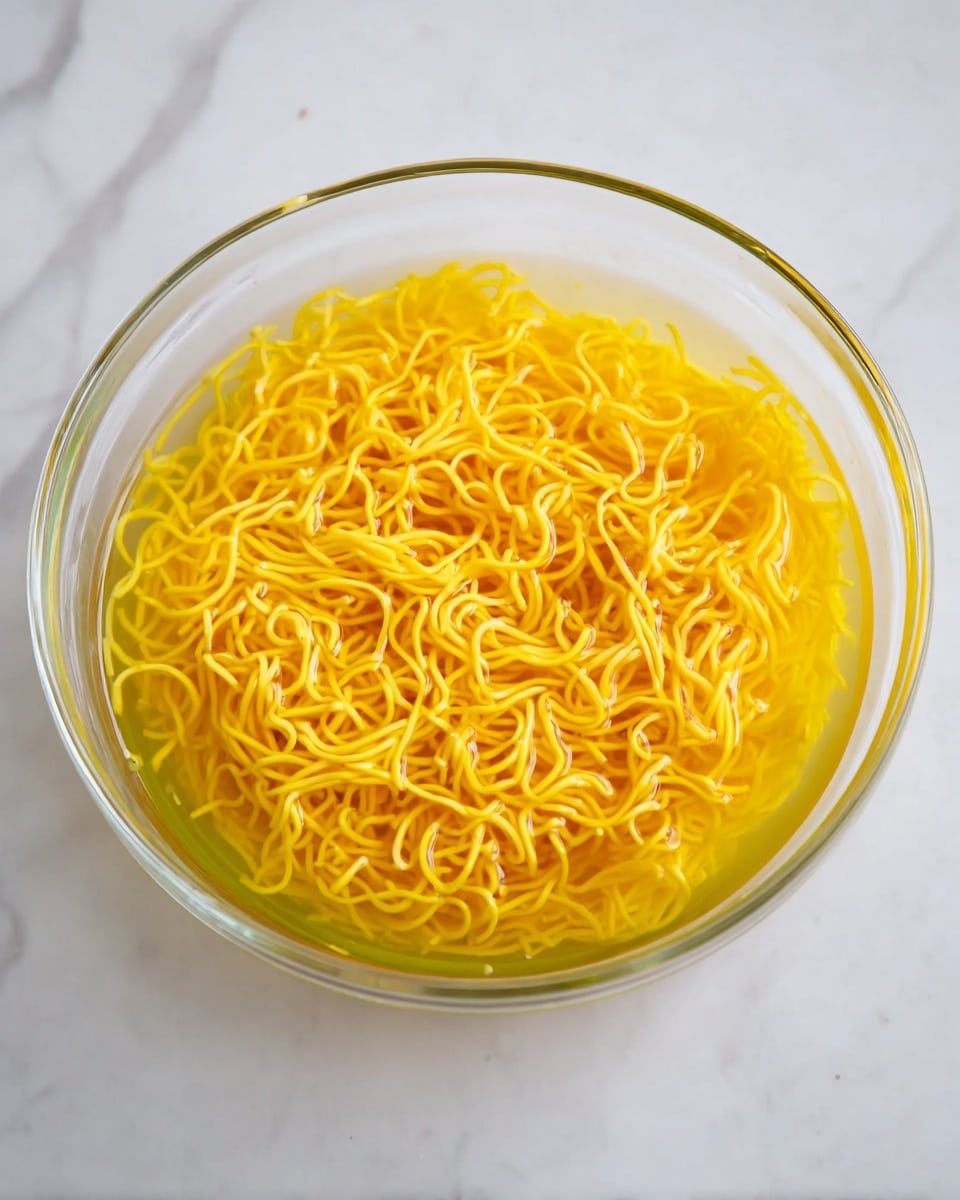 A clear glass bowl sits on a white marbled surface, filled with bright yellow noodles soaking in a pale golden liquid. The noodles form a dense, tangled layer that fills most of the bowl, with the broth partly hiding their fine, curly texture. The clear bowl shows the noodles and liquid layers distinctly, creating a simple yet colorful presentation photo taken with an iphone --ar 4:5 --v 7