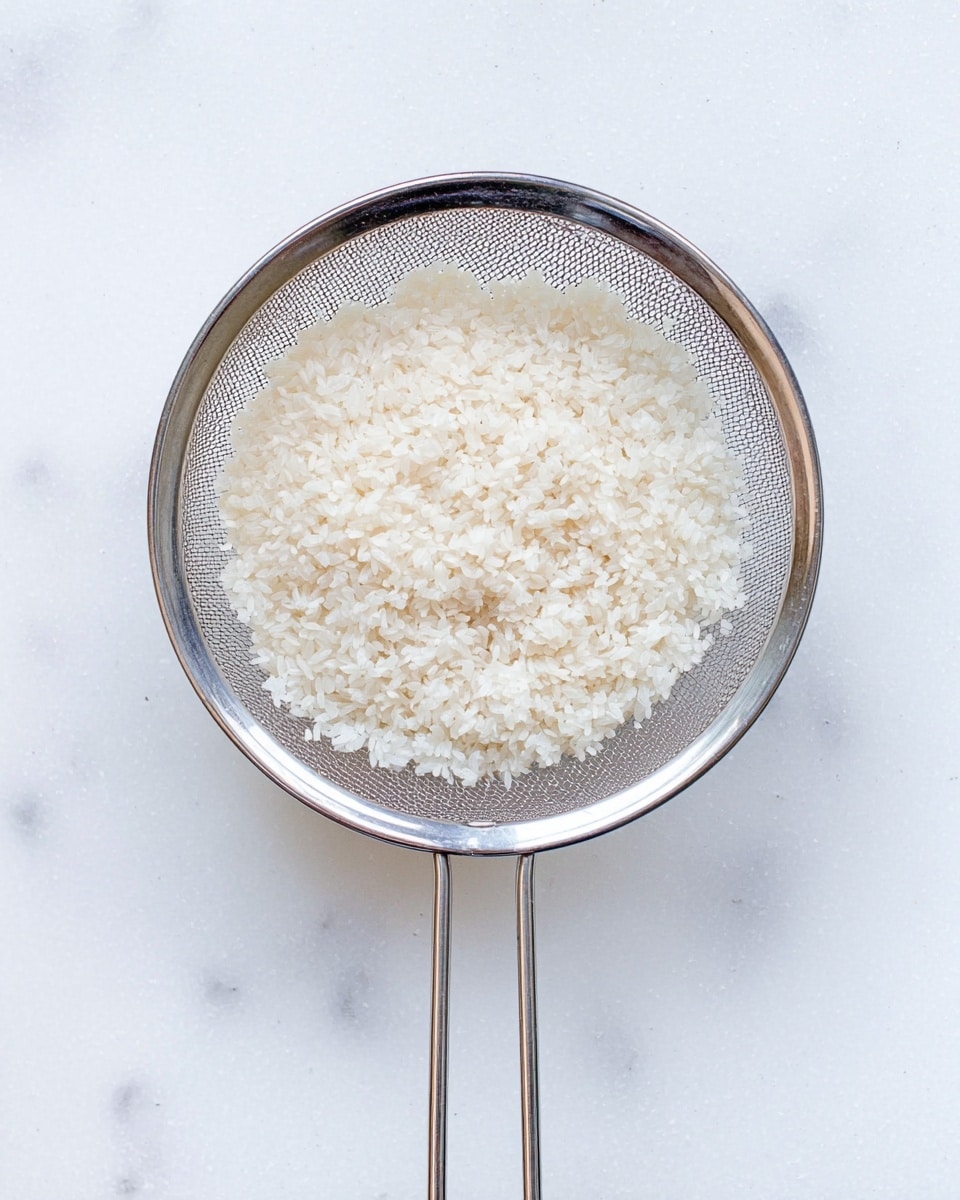 The image shows a single layer of white, short-grain rice inside a round silver metal strainer with a fine mesh. The strainer has a metal handle extending downward and is placed on a white marbled surface. The rice looks soft and slightly sticky with a light shine on some grains, giving it a moist texture. Photo taken with an iphone --ar 4:5 --v 7