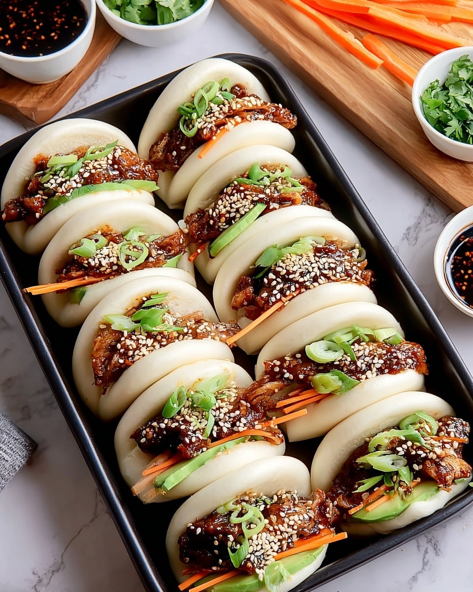 The image shows a black rectangular tray filled with eight soft, white steamed buns. Each bun is stuffed with a sticky, dark brown sauce-coated filling, likely meat, topped with white sesame seeds and chopped green onions. Thin orange carrot strips peek out from between the buns and filling, adding color contrast. One bun at the front right has visible light green slices of avocado inside, mixed with the same sauce and sesame seeds. The tray is on a white marbled surface next to a wooden board with more carrot slices and two small white bowls, one with dark sauce and the other with green herbs. Photo taken with an iphone --ar 4:5 --v 7