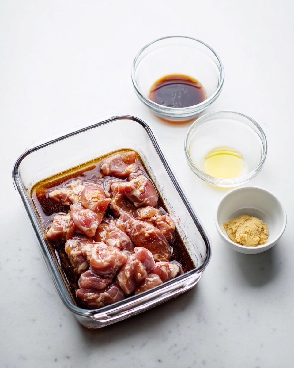 The image shows a clear glass rectangular container filled with raw pinkish meat pieces soaked in a dark brown sauce, placed on a white marbled surface. To the right of the container, there are three small white glass bowls lined vertically, each holding different ingredients: the top bowl has a dark liquid, the middle bowl has a yellowish paste, and the bottom bowl is empty or clear. The overall scene is bright with a clean and minimal look. photo taken with an iphone --ar 4:5 --v 7