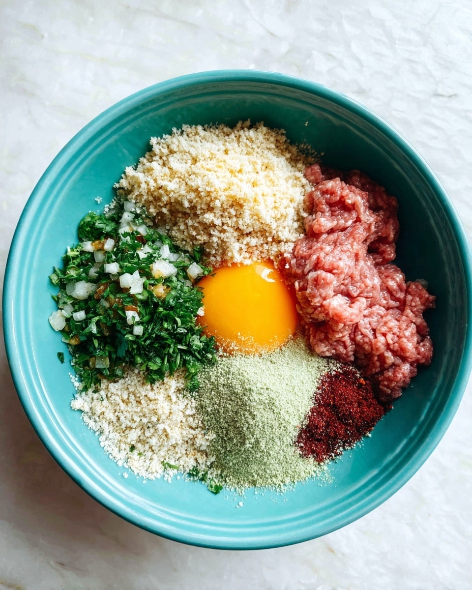 A turquoise bowl holds six distinct layers composed of ground pink meat on the right side, a raw yellow egg yolk with clear egg white on the left, a pile of light beige breadcrumbs covering the lower left, finely chopped green herbs with bits of white scattered on the upper right, a small heap of deep red seasoning next to the breadcrumbs, and a sprinkle of pale green powder on the green herbs. The bowl sits on a white marbled surface. photo taken with an iphone --ar 4:5 --v 7