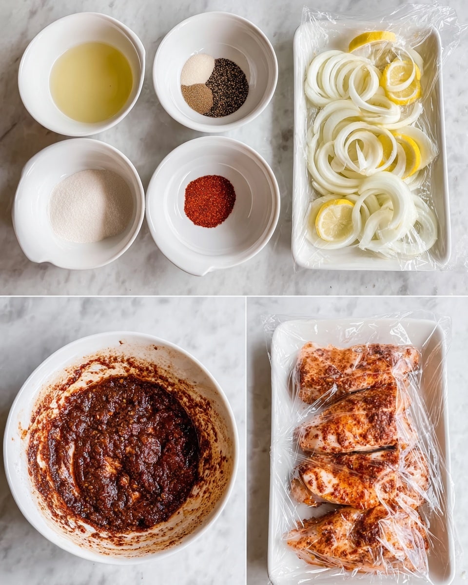 A white bowl on a white marbled texture surface shows five different ingredients layered: a pale yellow liquid, white granules, black and brown spices, and a small dollop of bright red paste. In the next white bowl on the same surface, all ingredients are mixed into a thick, dark reddish-brown paste with specks of spices. The third white bowl holds several pale, raw pieces coated in the reddish-brown paste, evenly covering them. The fourth white bowl is covered with clear plastic wrap over the reddish-coated pieces. On the white marbled surface, a white rectangular dish has thick translucent pale rings of onions and light yellow lemon wedges arranged in a single layer. The last image shows the reddish coated pieces spread evenly over the onion rings and lemon wedges in the white dish. photo taken with an iphone --ar 4:5 --v 7