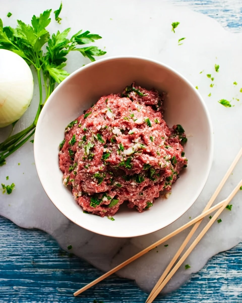 A white bowl holds a mound of raw ground meat mixed with chopped green herbs, showing a rough texture with bits of onion and flecks of seasoning throughout. The bowl sits on a white marbled surface with a whole white onion and a small bunch of fresh green herbs nearby. Two wooden skewers lie on the surface beside the bowl, adding to the cooking preparation scene. The colors are mainly the red of the meat and fresh green herbs against the white bowl and marbled background. Photo taken with an iphone --ar 4:5 --v 7