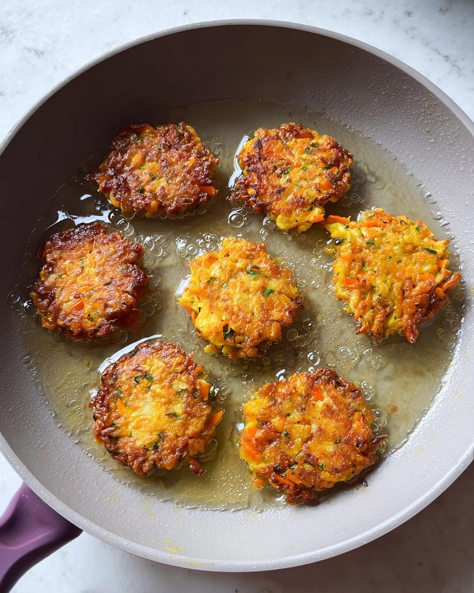 Six small, round, golden brown fritters cooked in oil are frying in a light gray pan with a purple handle. The fritters have a rough texture with visible bits of orange, yellow, and green vegetables mixed within, showing a crispy outside and softer inside. The oil around them is shiny and slightly bubbling. The pan is on a white marbled surface. photo taken with an iphone --ar 4:5 --v 7