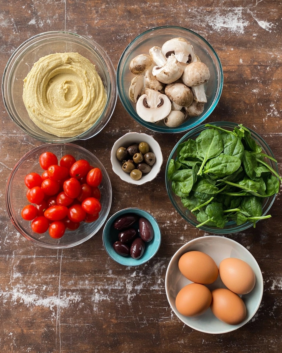 The image shows six bowls arranged on a dark wooden surface, each containing different fresh ingredients. The top left bowl holds a smooth, pale yellow hummus with slight swirls. To the right, in a glass bowl, there are fresh white mushrooms, some whole and some sliced, their creamy texture with light brown spots visible. Next to the mushrooms, a glass bowl is filled with fresh green spinach leaves, with slightly wrinkled textures and stems visible. Below the hummus, a glass bowl contains bright red grape tomatoes with shiny, smooth skins. In the center bottom, a glass bowl holds four plain brown eggs with clean shells. Finally, a small white bowl with a blue rim contains a few dark brown to black olives of varying sizes. The background is a white marbled texture, and the overall look is neat and ready for cooking. Photo taken with an iphone --ar 4:5 --v 7