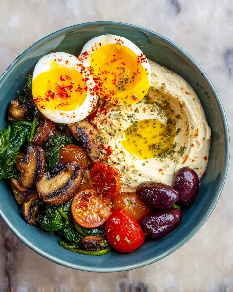 A white bowl holds a colorful dish with four main layers. On one side, there are two halves of a soft-boiled egg with bright yellow yolks sprinkled with red flakes. Next to the eggs is a light creamy layer of hummus with a small pool of olive oil and a sprinkle of herbs on top. Below the eggs and hummus, there is a mix of cooked green spinach leaves, bright red cherry tomatoes, dark purple olives, and brown sautéed mushroom slices. The bowl is placed on a white marbled surface. photo taken with an iphone --ar 4:5 --v 7