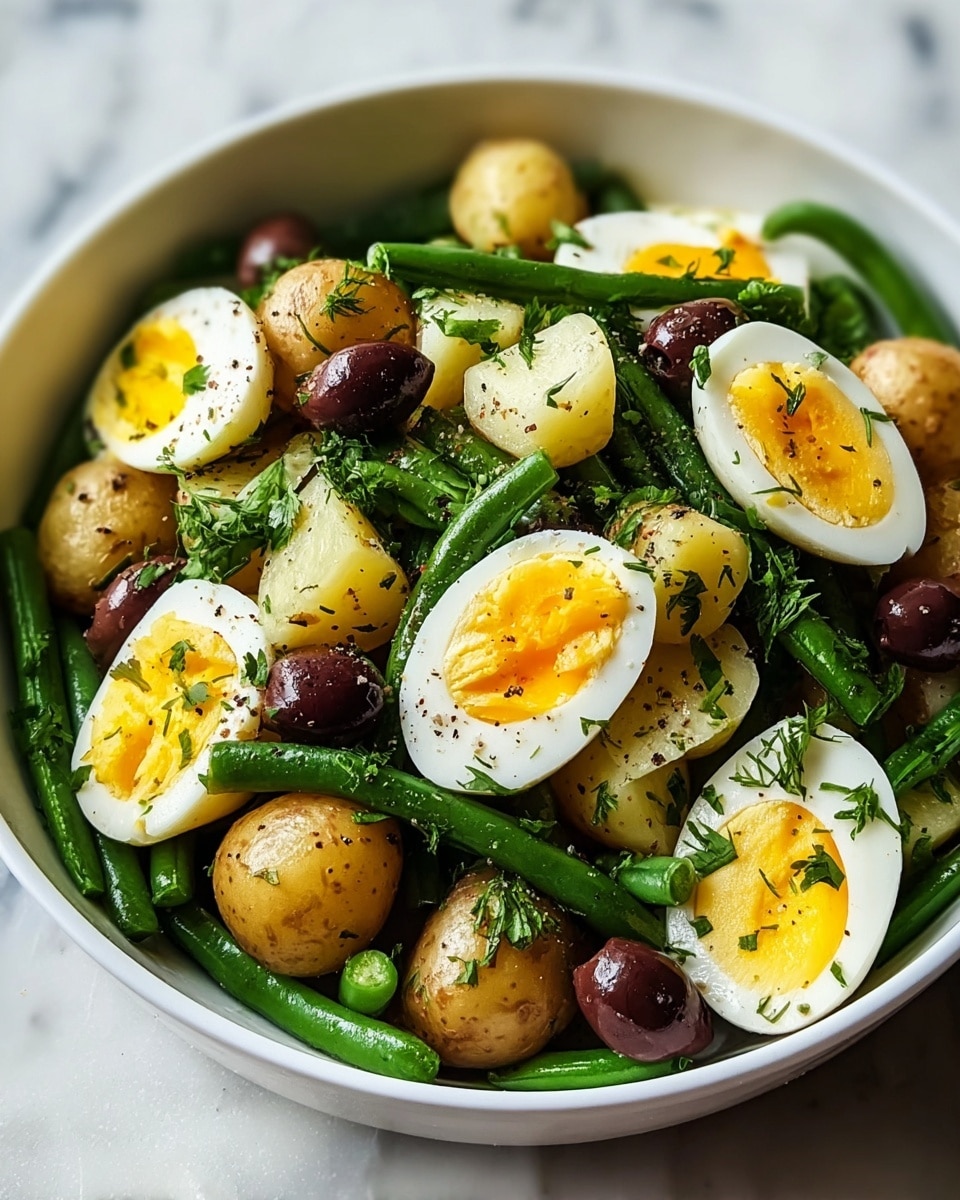 A bowl with green beans forming the bottom layer, mixed with small yellow potatoes sitting on top, some with skins speckled with brown spots, alongside halved boiled eggs showing bright yellow yolks and white edges, scattered with fresh green herbs. Dark brown olives are placed on top, some touching the eggs and potatoes, and the whole dish is lightly sprinkled with black pepper and coarse salt. The bowl is white and set on a white marbled surface. Photo taken with an iphone --ar 4:5 --v 7