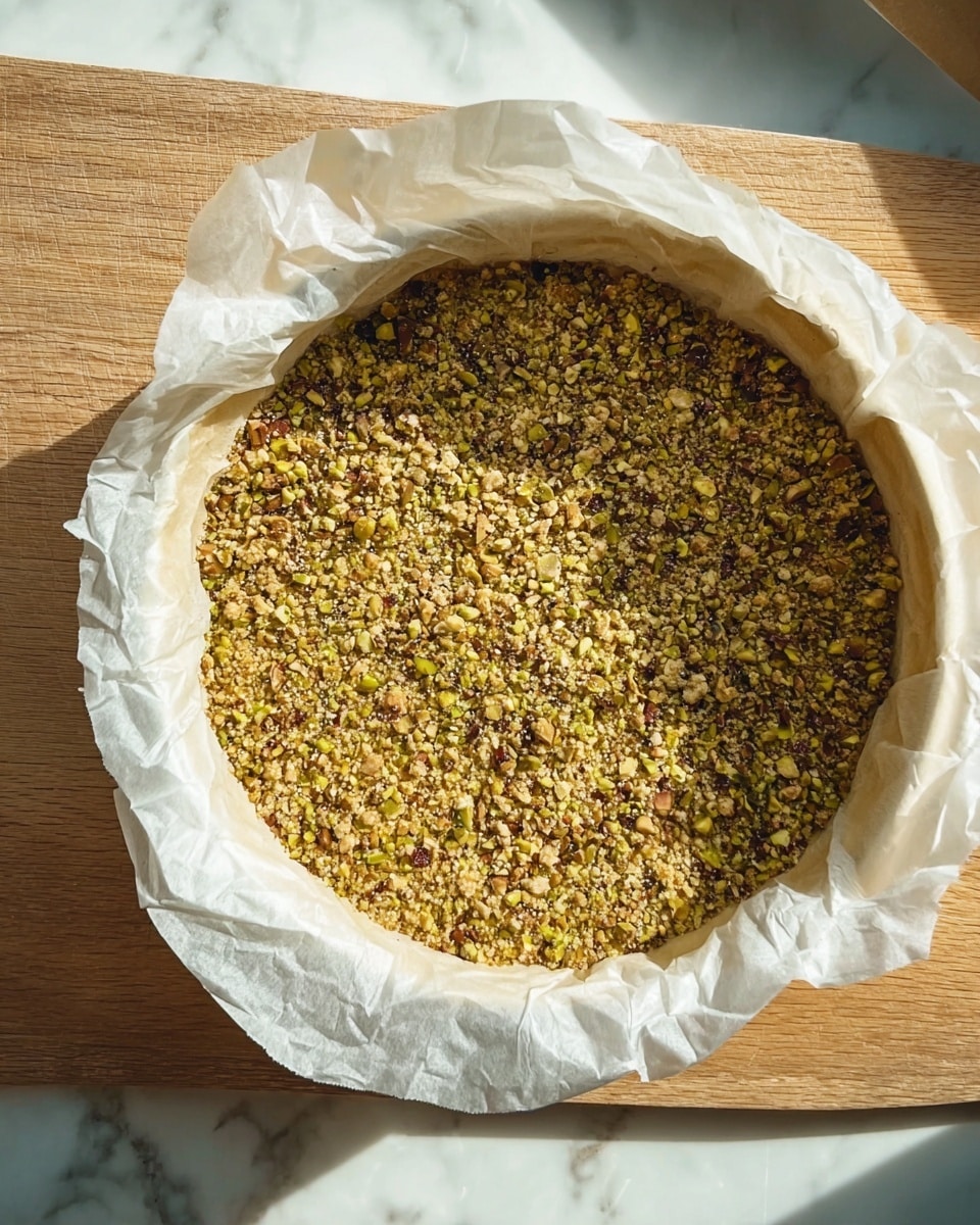 The image shows a round dish lined with white parchment paper that extends out over the edges. Inside, the dish contains a single layer of chopped nuts that are green and brown in color, spread evenly across the surface. The nuts look crunchy and small in size, resting on a light base beneath them. The dish is placed on a wooden surface with bright natural light casting soft shadows around it. The background has been changed to a white marbled texture. Photo taken with an iphone --ar 4:5 --v 7