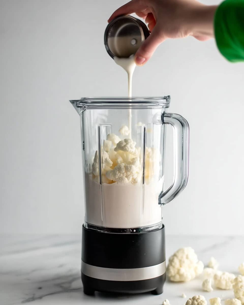 A clear blender jar sitting on a black base with a silver stripe is shown on a white marbled surface. Inside the blender jar, there are three layers: a bottom layer of smooth white liquid, a middle layer of white cauliflower florets, and tiny drops of dark liquid being added from a woman's hand wearing a green sleeve positioned above the jar. The background is plain and light, highlighting the ingredients inside the blender jar. photo taken with an iphone --ar 4:5 --v 7