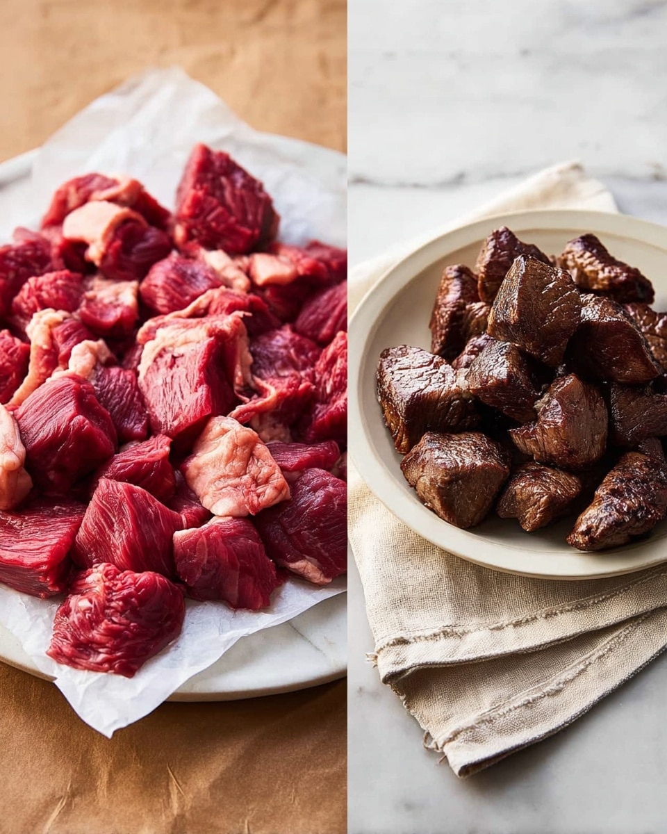 The image shows two parts side by side on a white marbled surface. On the left, there are many raw red meat pieces with some white fat, placed on white parchment paper that rests on brown paper. On the right, cooked dark brown meat chunks are stacked on a white round plate, which sits on folded beige and white cloth napkins. The cooked meat looks juicy and tender, showing some grill marks, while the raw meat has a fresh and moist texture. Photo taken with an iphone --ar 4:5 --v 7