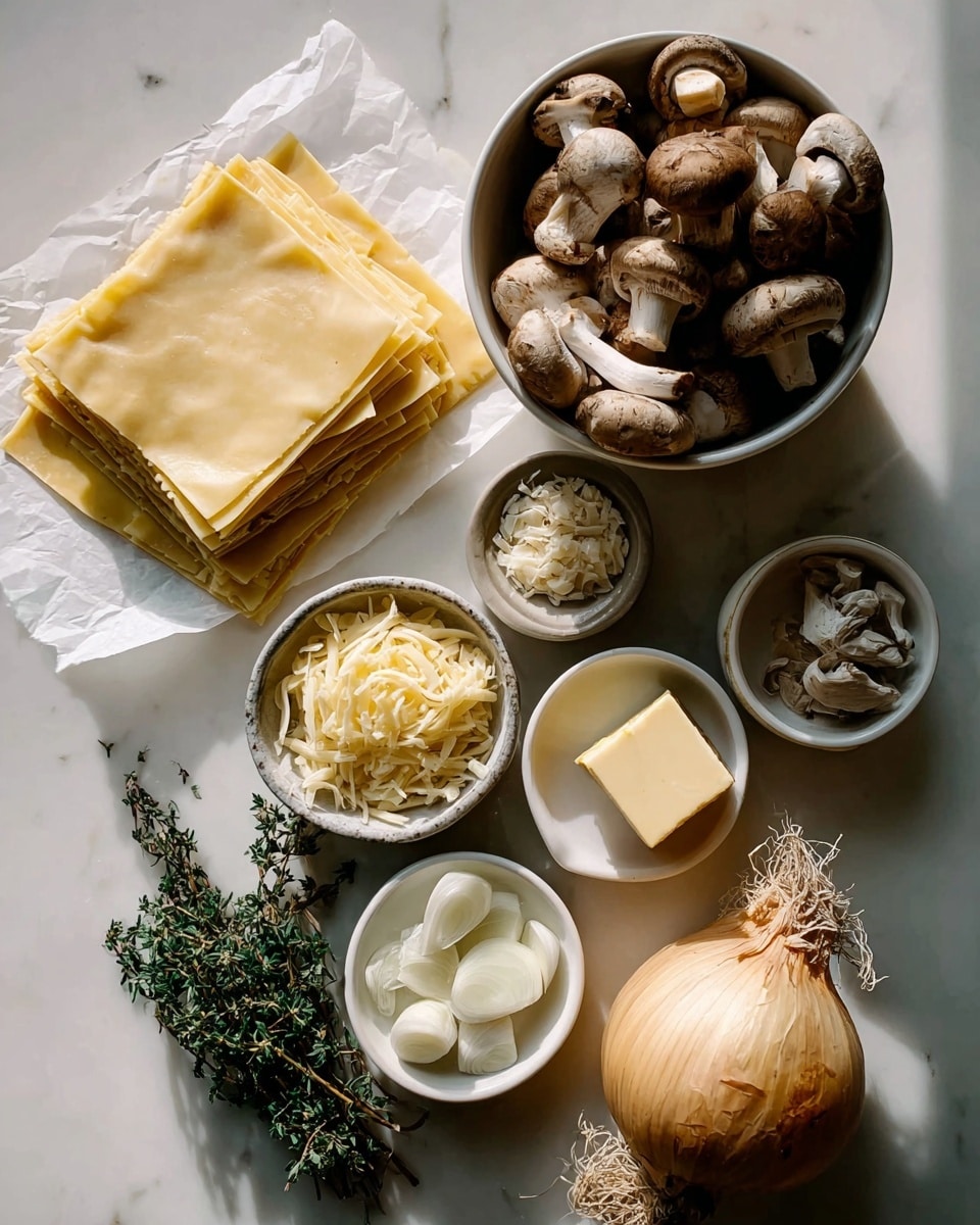 The image shows several ingredients placed on a white marbled surface. On the left side, there is a stack of light yellow pasta sheets on white paper. Above the pasta, there is a white bowl full of brown mushrooms. To the right of the bowl, there are a few whole white mushrooms and one large onion with roots attached. Below the onion, there are small bowls with light yellow shredded cheese, a square piece of butter, fresh green herb sprigs, and some white sliced onion. A whole head of garlic is also placed near the bottom right corner. The lighting is soft and natural, highlighting the textures and colors of the ingredients. photo taken with an iphone --ar 4:5 --v 7