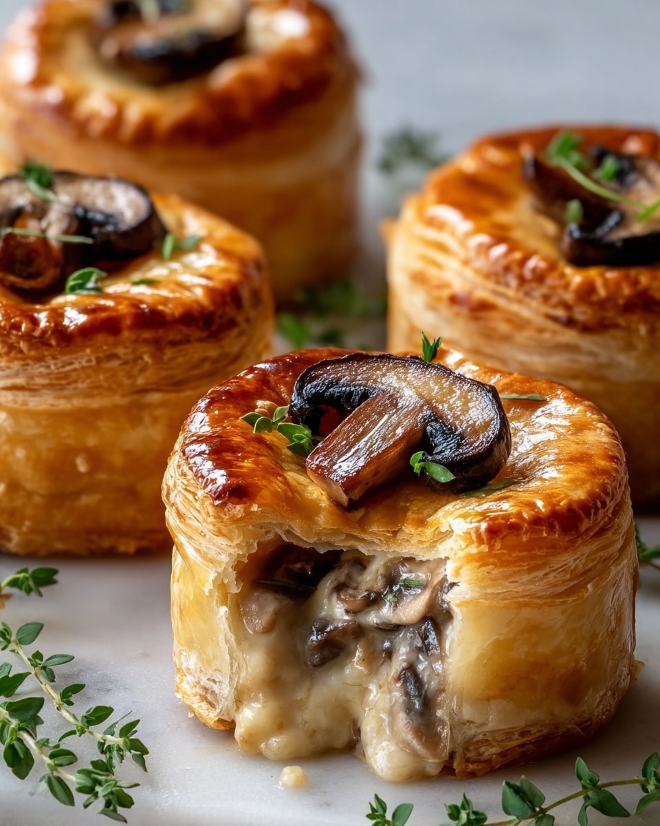 Four small, round golden brown puff pastry pies sit closely together on a wooden surface, each topped with a glossy, sliced cooked mushroom and a small sprig of green herb. The front pie has a bite taken out, revealing a creamy, light beige filling with chunks of browned mushrooms inside. The puff pastry layers are thick, flaky, and slightly puffed with a shiny, crisp crust. A few coarse salt flakes are sprinkled on top of the pies, and fresh green herb sprigs lay scattered on the wood near the pies. The background is dark, making the pies stand out strongly. photo taken with an iphone --ar 4:5 --v 7